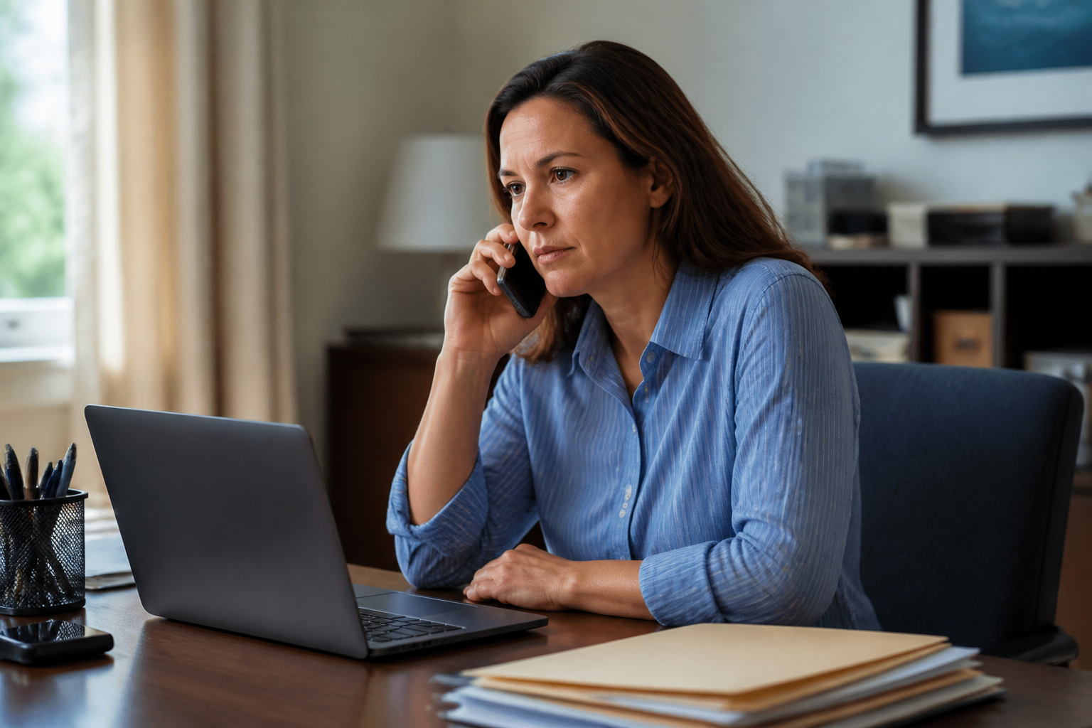 Small-business owner reviewing tax records during a calm phone conversation.