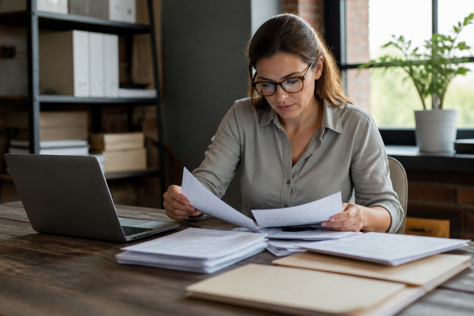 Business owner organizing payroll and tax records with professional support.